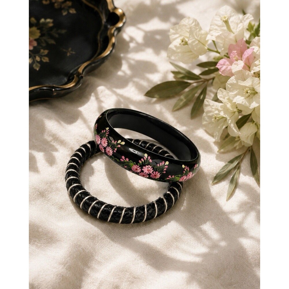 Vintage Artisan Hand Painted Floral Woven Bangle Bracelet Set